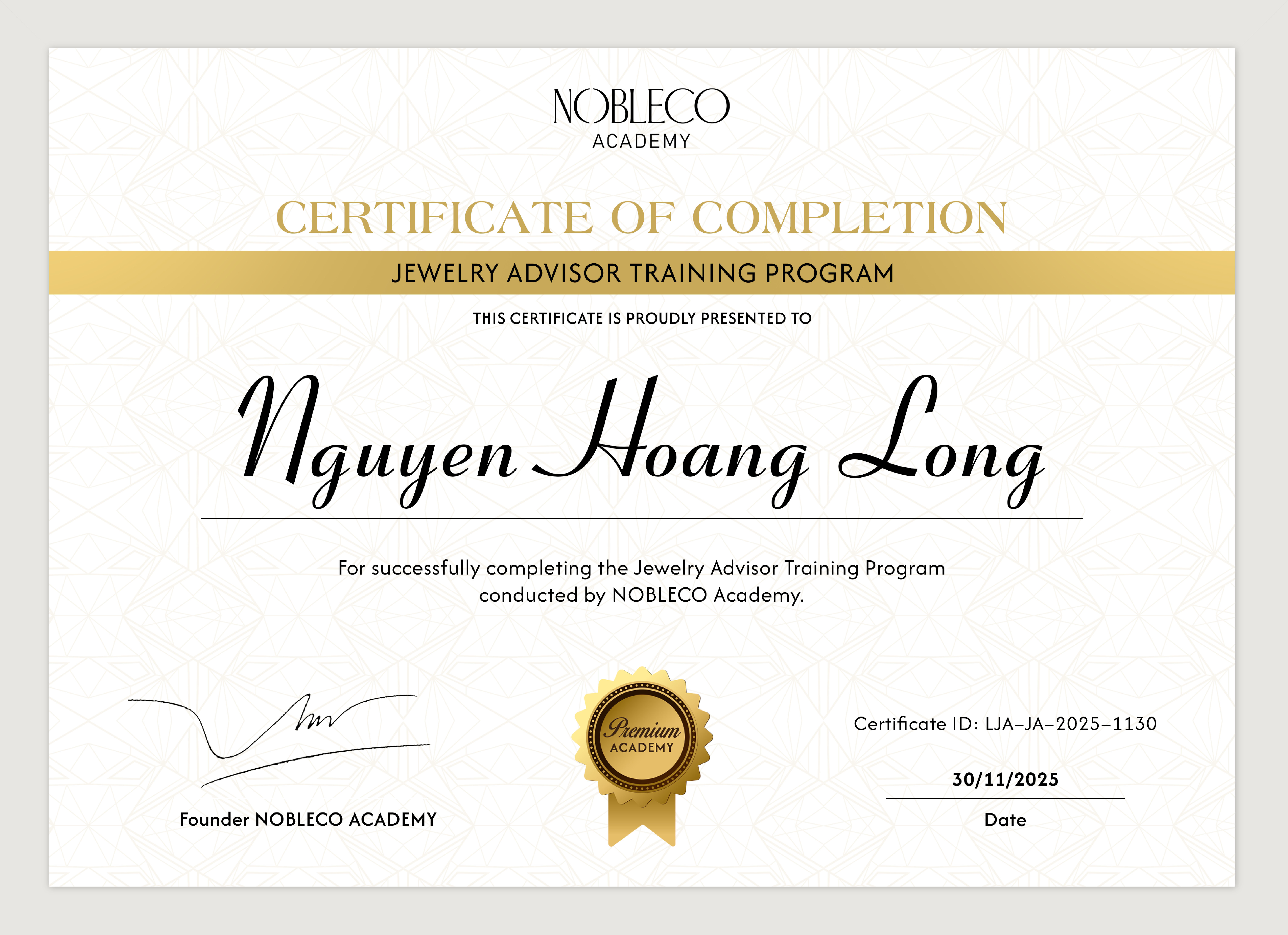 Certificate of Completion - Jewelry Advisor Training Program